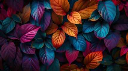 Autumn Leaves in Various Colors Arranged on Artistic Dark Background 
