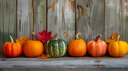 A row of pumpkins and a leaf are on a wooden shelf