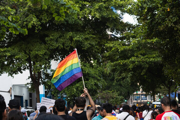 Person waving the LGBT flag during the pride march on a clear day