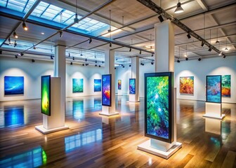 Empty modern art gallery with interactive screens and handheld devices displaying digital art,...