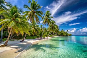 Obraz premium Serene tropical beach panorama with swaying coconut palm trees, crystal clear turquoise water, and powdery white sand stretching along the shoreline.