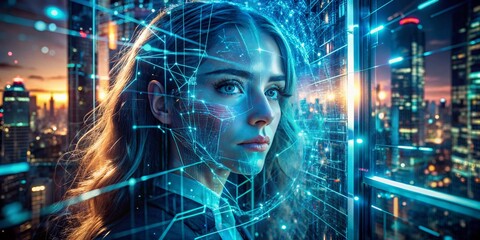 Neon-lit cityscape reflected in shattered glass, circuitry patterns and code streams swirling around a eerie, abandoned holographic display of a young woman's face.