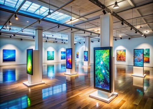 Empty modern art gallery with interactive screens and handheld devices displaying digital art, awaiting visitors for immersive augmented reality museum experience.