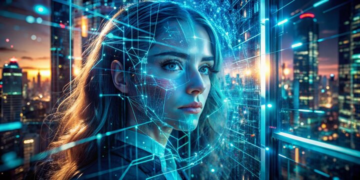 Neon-lit cityscape reflected in shattered glass, circuitry patterns and code streams swirling around a eerie, abandoned holographic display of a young woman's face.