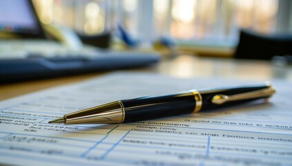 Fototapeta premium A pen is lying on top of an official document, ready to be used for signing or writing in the foreground, with a blurred office background Generative AI