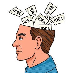 head with ideas metaphor pinup pop art retro PNG illustration. Comic book style imitation.