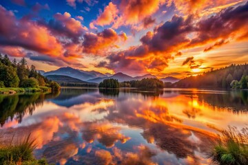 Fototapeta premium Vibrant orange and pink hues illuminate the serene atmosphere as sunset dissolves into a tranquil lake, surrounded by majestic clouds and misty mountains.