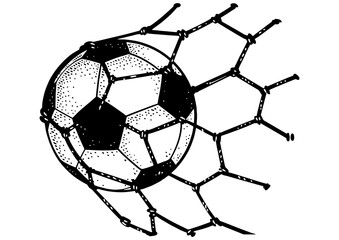 soccer football ball in goal net sketch engraving PNG illustration. Scratch board imitation. Black and white hand drawn image. © Oleksandr Pokusai