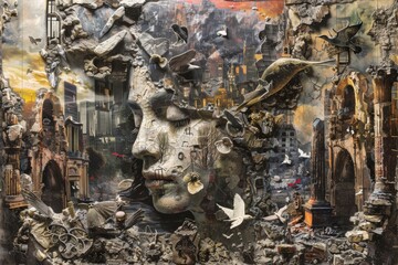 Obraz premium Collage of a Woman's Face Amidst Ruins and Birds