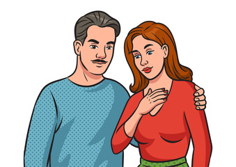 Happy couple family pinup pop art retro PNG illustration. Comic book style imitation.