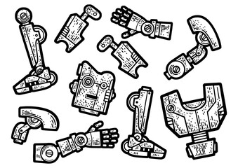 disassembled broken cartoon robot sketch engraving PNG illustration. Scratch board imitation. Black and white hand drawn image.