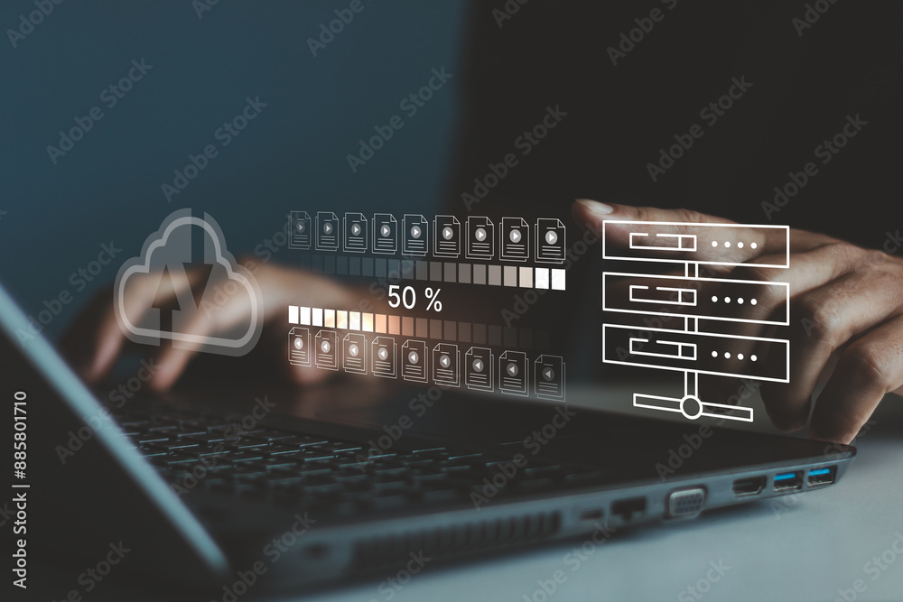 Leinwandbilder encryption with online file transfer concept. business people use laptop computers to remote and dow
