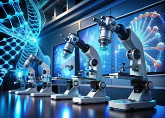 Fototapeta premium Advanced genetic analysis platform with robotic arms, microscopes, and computer screens displaying DNA helix structures, illustrating genome decoding and precision medicine research.