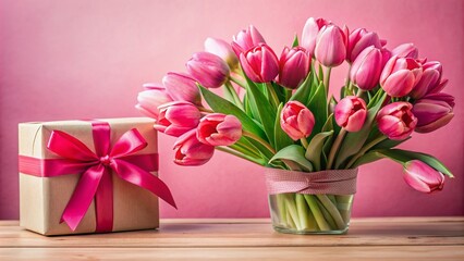 Vibrant pink tulips arranged in a bouquet sit beside an elegantly wrapped gift box against a soft pink background, exuding festive charm and sophistication.