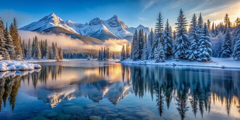 Snow-capped mountain peaks rise above a serene frozen lake, surrounded by frosty evergreen trees, in a tranquil winter wonderland landscape bathed in soft blue light.
