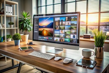 A neatly organized graphic design workstation with a large screen displaying a photo editing software, surrounded by creative tools and resources.