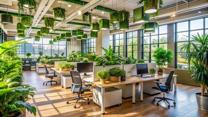 Fototapeta premium A green office with plants and natural light, emphasizing the importance of biophilic design for employee well-being and productivity. Concept of eco-friendly workplaces. Generative Ai.
