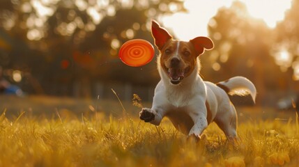 Excited dog catching frisbee in a park during walking session, with copy space