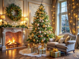 Cozy living room Christmas tree adorned with elegant gold and silver ornaments, twinkling lights, and lush greenery, evoking warmth and festive holiday ambiance.