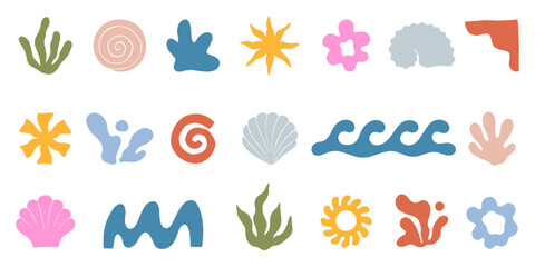 Vector set of abstract summer doodles.Hand drawn organic shapes and forms.Modern elements in trendy naive simple style for banners,social media marketing,branding,packaging, covers, prints
