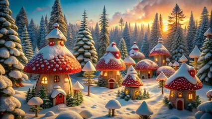 Fototapeta premium Whimsical winter wonderland scenery featuring intricately detailed fairy tale mushroom houses amidst snow-covered evergreens, evoking a magical gnome village for an enchanting elf panorama.