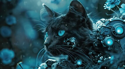 A cat with blue eyes is sitting on a flower