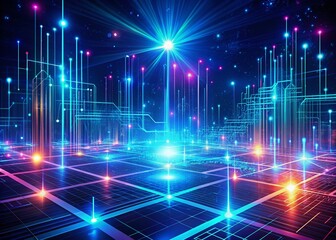 Obraz premium Vibrant futuristic digital landscape featuring swirling neon lights, grids, and circuits against a dark blue background, ideal for technology and innovation themed designs.