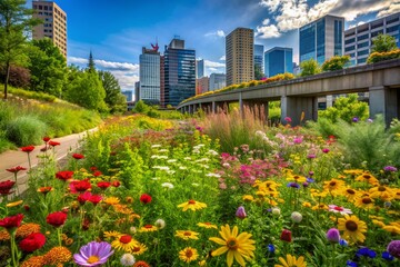 Vibrant wildflowers of varied colors bloom amidst lush greenery in a tranquil urban oasis, contrasting with the surrounding concrete buildings and city infrastructure.