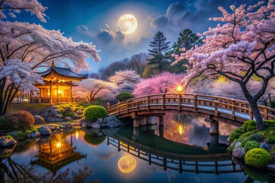 Vibrant cherry blossom trees glow under a radiant full moon in a mystical Japanese garden surrounded by intricately carved wooden bridges and misty lanterns.