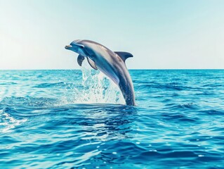 Fototapeta premium Dolphin jumping out of the water, creating a splash against a simple, high-quality backdrop of the ocean horizon 
