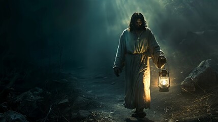 Fototapeta premium Jesus holding a lantern, walking in darkness, against a backdrop background to focus on the symbolism of light in the darkness 