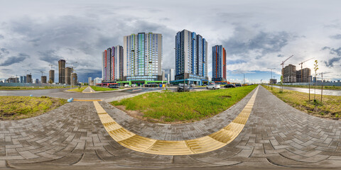 hdri 360 panorama near new skyscrapers and residential complex in full equirectangular seamless...