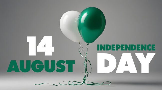 Green and white balloon, 14 August Pakistan Independence Day celebration banner.