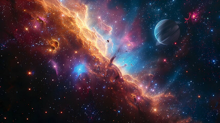Obraz premium A solar planet depicted in a cosmic scene with bright stars and colorful nebulas
