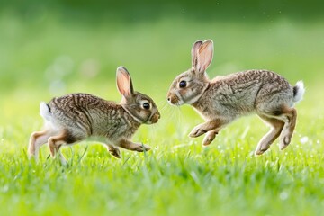 Fototapeta premium Pair of rabbits hopping and chasing each other in a grassy meadow, the green grass providing a simple yet beautiful background 