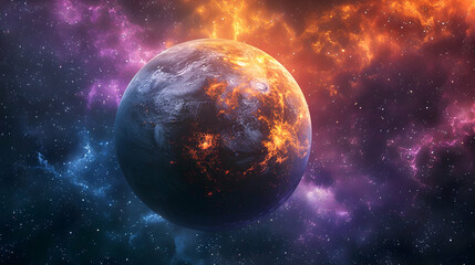 Obraz premium A solar planet depicted in a cosmic setting with swirling galaxies and vibrant colors