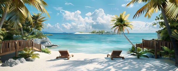 Fototapeta premium Tropical Beach Paradise with Palm Trees and Sunbeds