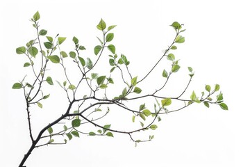 Obraz premium A tree branch with lush green leaves set against a bright white sky, perfect for use in nature-inspired designs or as a symbol of growth