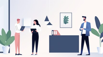 Fototapeta premium Employment matter at its core, a serene office environment with employees focused on their tasks, representing purity in professional commitment, flat design illustration
