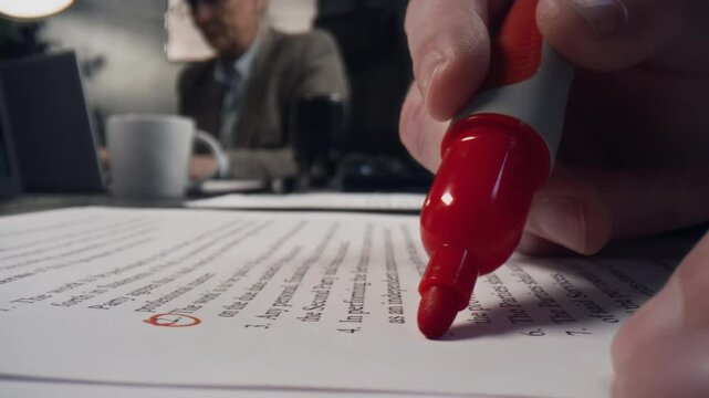 Macro shot of hands of unrecognizable businessman using red marker to circle points on document during proofreading and editing process