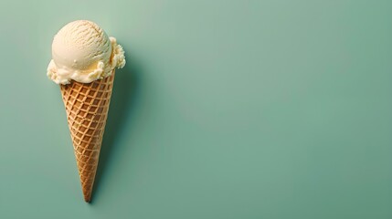 Beige Ice Cream Cone on a green Background with Copy Space