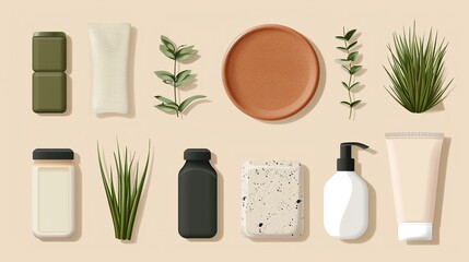 Innovative use of earthy materials in product design, incorporating clay, hemp, and reclaimed wood, blending functionality with eco-conscious aesthetics, flat design illustration