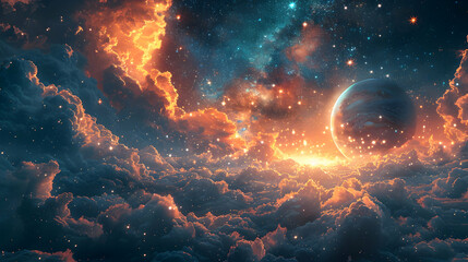 Fototapeta premium A solar planet surrounded by a beautiful cosmic cloud and twinkling stars