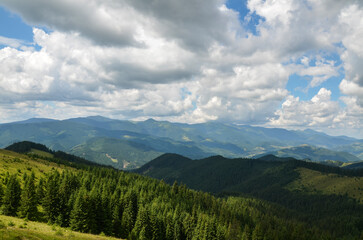 Rolling hills adorned with dense forests. The lush greenery in the foreground contrasts with the layers of mountains in the background, creating a sense of depth under vast sky, dotted with clouds