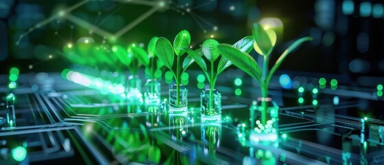 Tech Sprouts, Green plants growing on circuit boards, Futuristic Agriculture