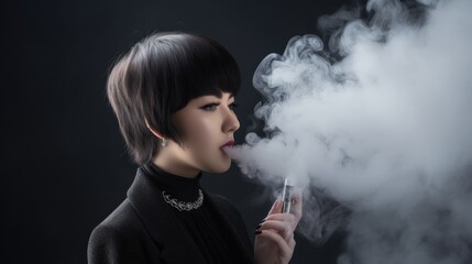 Fototapeta premium Digital puff: vape, e-cigarette, vapour smoking, showcasing sleek design, vapor clouds of electronic cigarettes, emphasizing their role inthe evolving landscape of smoking, nicotine consumption