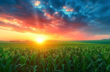 Sunrise Over Cornfield with Colorful Sky