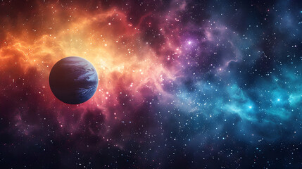  A solar planet surrounded by colorful cosmic dust and twinkling stars