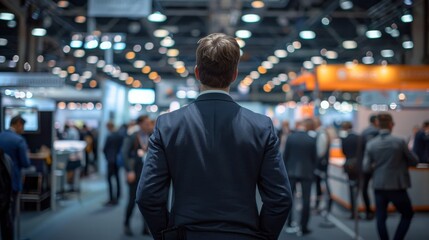 Dynamic Corporate Gathering Navy Suit Executive at Vibrant Conference with Engaging Atmosphere Canon EOS R5 Stock Image
