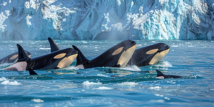 A Pod of Majestic Killer Whales Swimming Together in Clear Arctic Waters Against a Backdrop of Stunning Icebergs and Glaciers